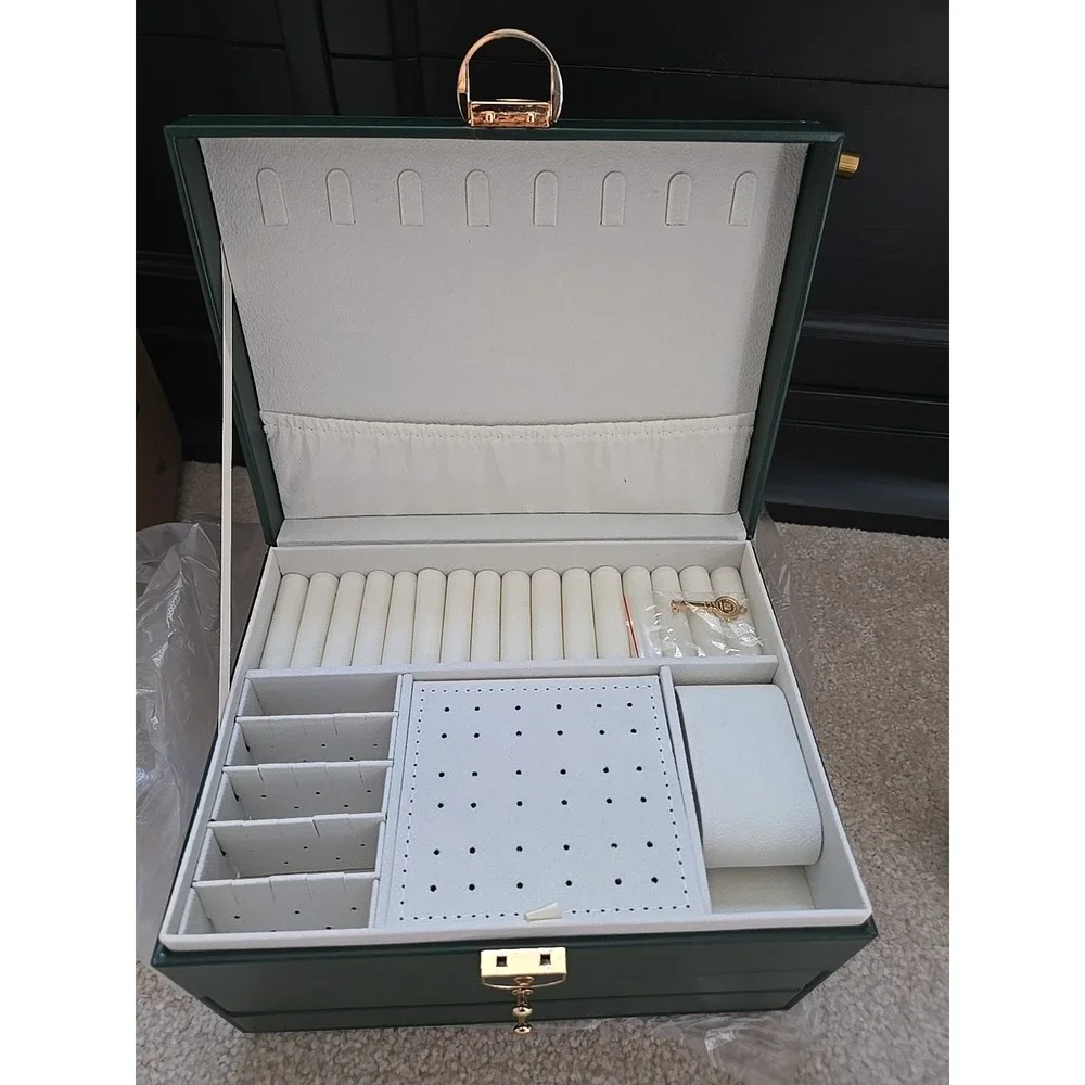 3 Layer PU Leather Soft‎ Lining Jewelry Box, Large Organizer for Women Green US